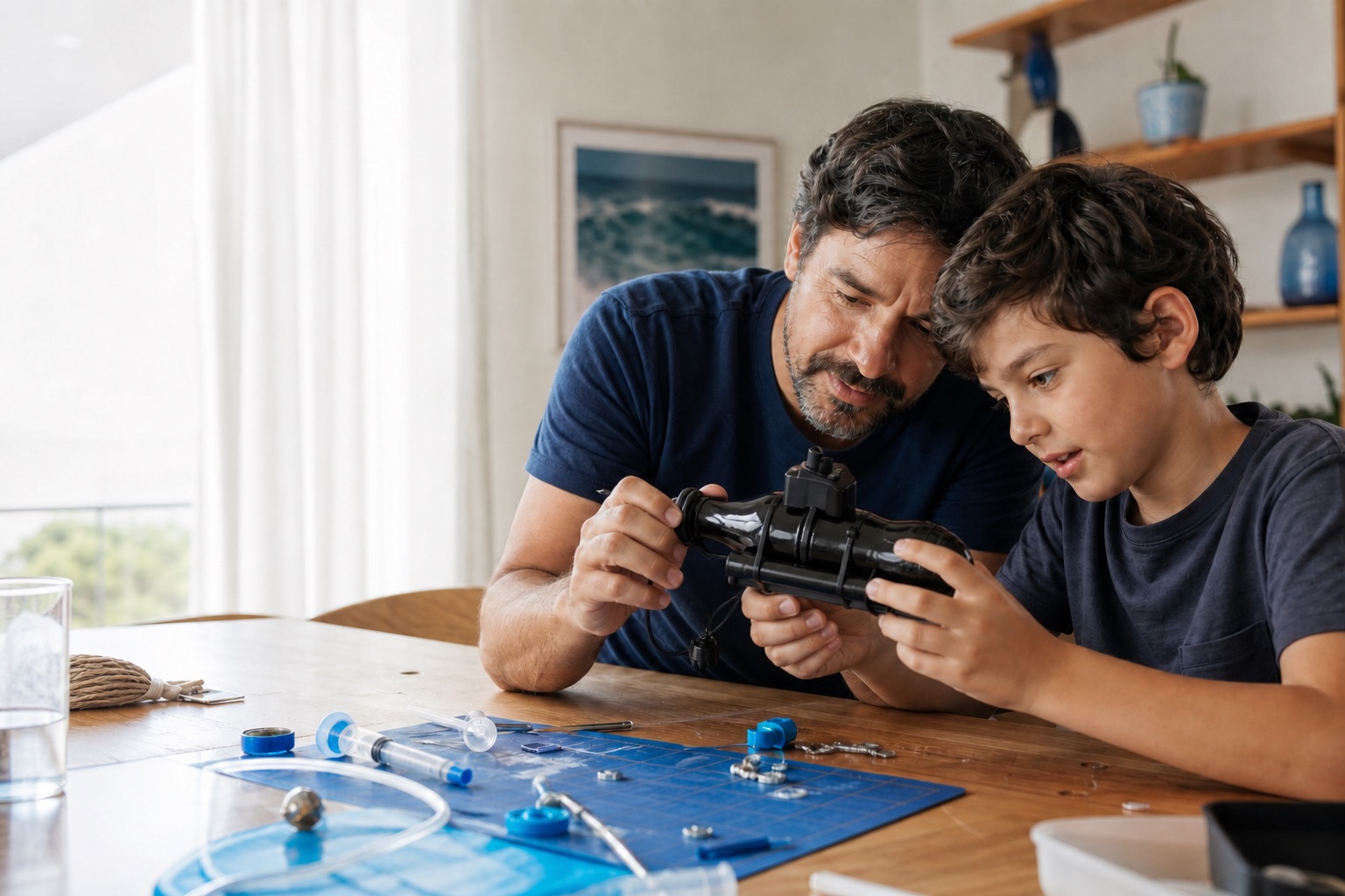Cena ilustrativa de pai e filho construindo um mini submarino